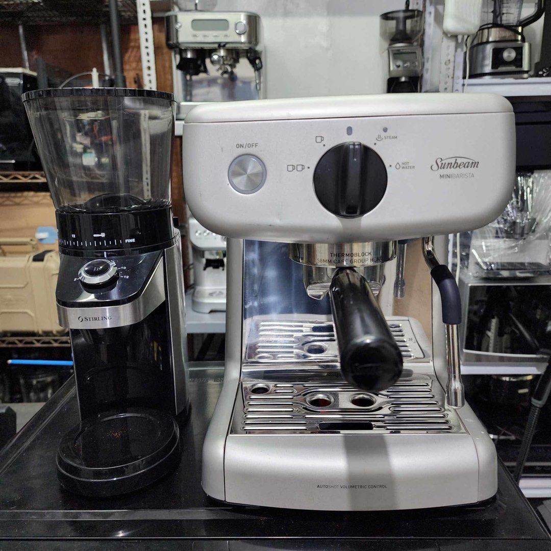 Sunbeam mini barista (Category: Coffee Machines & Makers) located in Bulacan. Submitted by gloriosokimberlyy (Listing ID 1341921243, Image 2). Description: Sunbeam mini barista 58mm espresso machine with conical burr stirling grinder. Used /Some scratches only good working condition. 13,509.
