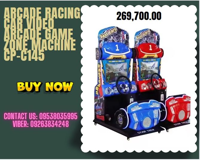 ARCADE RACING CAR VIDEO ARCADE GAME ZONE MACHINE CP-C145 (Category: Everything Else Others) located in Caloocan City. Submitted by 09616968642 (Listing ID 1341976874, Image 1). Description: Model NO.:CP-C145 Size:124*84*176CM Voltage:220V Power:150W Weight:75KG.