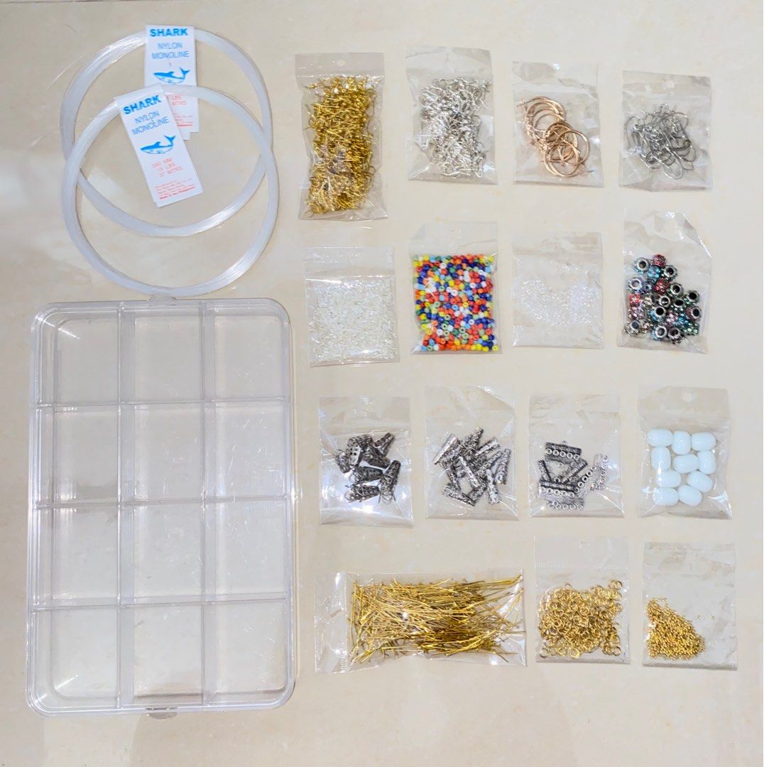 Bead Starter Kit Set (2 free nylon string) (Category: Craft Supplies & Tools) located in Cavite. Submitted by eessaa08 (Listing ID 1259496412, Image 1). Description: Kit set includes: 1 acrylic organizer (visible dents & sign of usage) Gold earring hook Silver earring hook Gold earring hoop Silver earring hoop Glass seed beads white rectangle Glass seed beads chalk assorted Glass seed beads transparent circle Bracelets stopper with stones 2 diffe