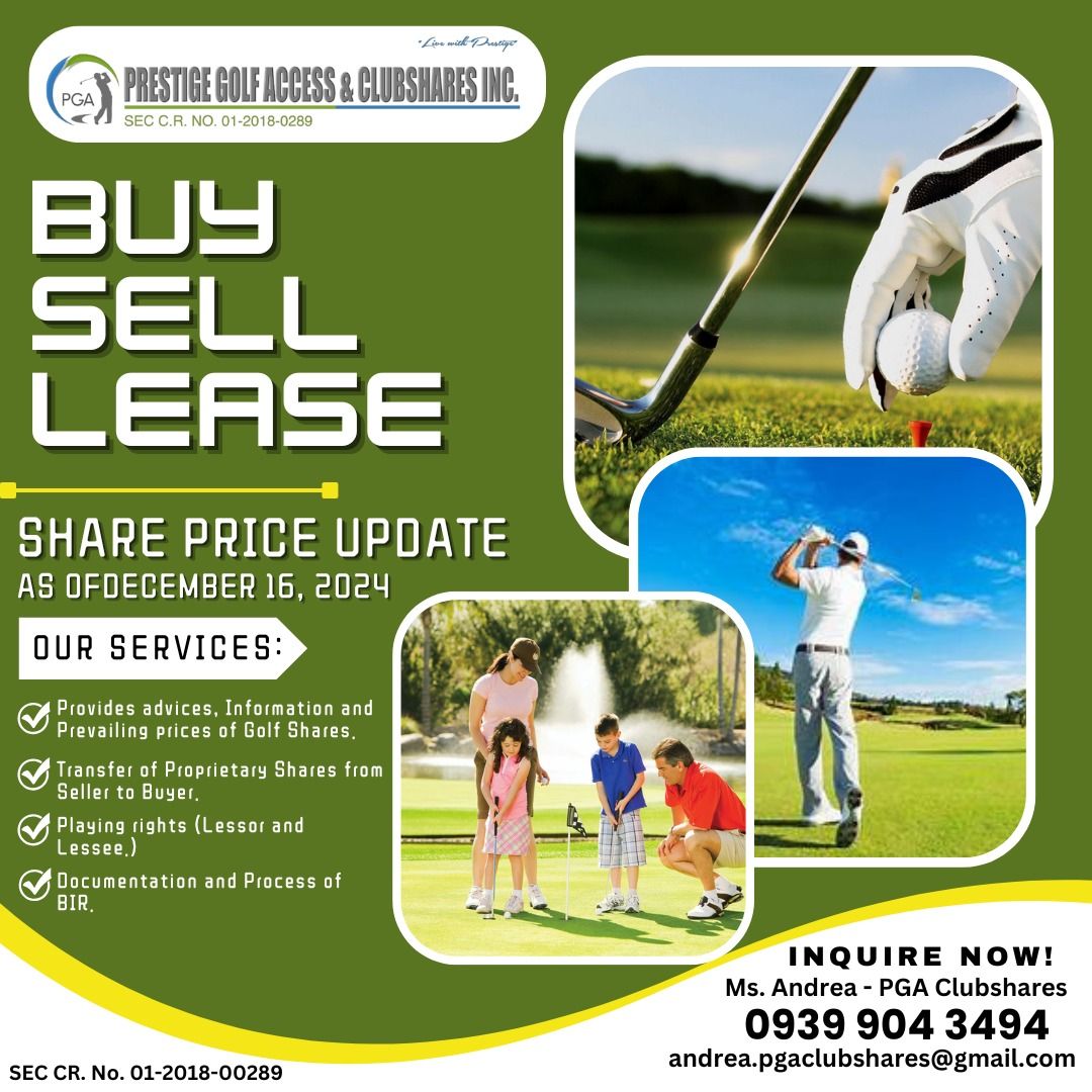 GOLF SHARES UPDATE - PGA (Category: Golf) located in Muntinlupa City. Submitted by andrea.pgaclubshares (Listing ID 1342038190, Image 1). Description: Happy Holidays! This is Andrea from PGA Clubshares. We have buyers: ACC A/B* 16M/ 17M Anvaya Beach B- 1.5M Anvaya Golf 4M BCC 6M Canlubang 7M Highlands 2.8M Malarayat A 1.2M Southwoods B- 6M Mla Golf Ind 160M Palms-2M Polo-53M Orchard A-2.5M Royale Tagaytay A-180K Riviera A 1.8M Valley Golf -4M Wac