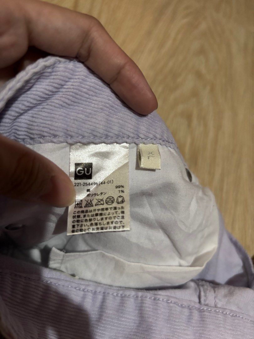 GU by Uniqlo corduroy (Category: Jeans) located in Pasig City. Submitted by maanspreloved (Listing ID 1342037227, Image 2). Description: GU by Uniqlo Size 33-39 Length 41 XL on tag straight cut corduroy Color is powder lilac in person .