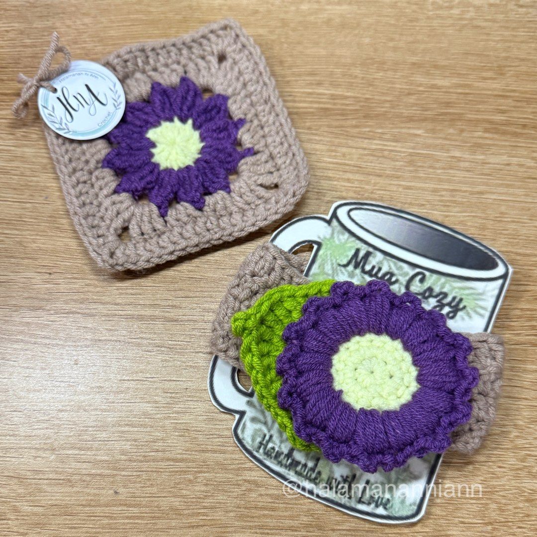 Handmade Flower Mug Cozy & Coaster set (Category: Coffee & Tea Tableware) located in Bulacan. Submitted by charmstiesgoodies (Listing ID 1342045173, Image 1). Description: Handmade Flower Mug Cozy & Coaster set Code: FMCS01 (violet) Set: 120 Great for event giveaways and gifting. Made to order. For additional sets, kindly DM. Please allow 7-10 days for bulk orders. These handmade coasters are made with cotton-acrylic blend yarn. Use them as drink