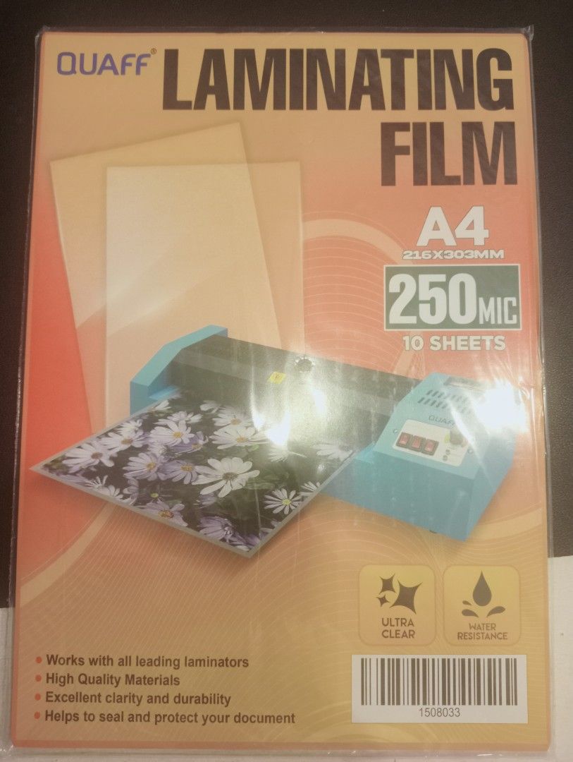 QUAFF Laminating Film A4 size 250mic 10 sheets (Category: Printers, Scanners & Copiers) located in Cavite. Submitted by jjonlineshopph (Listing ID 1342144802, Image 1). Description: ✅ onhand item and ready to ship ✅ actual photo posted ✅ 10 sheets 250mic.