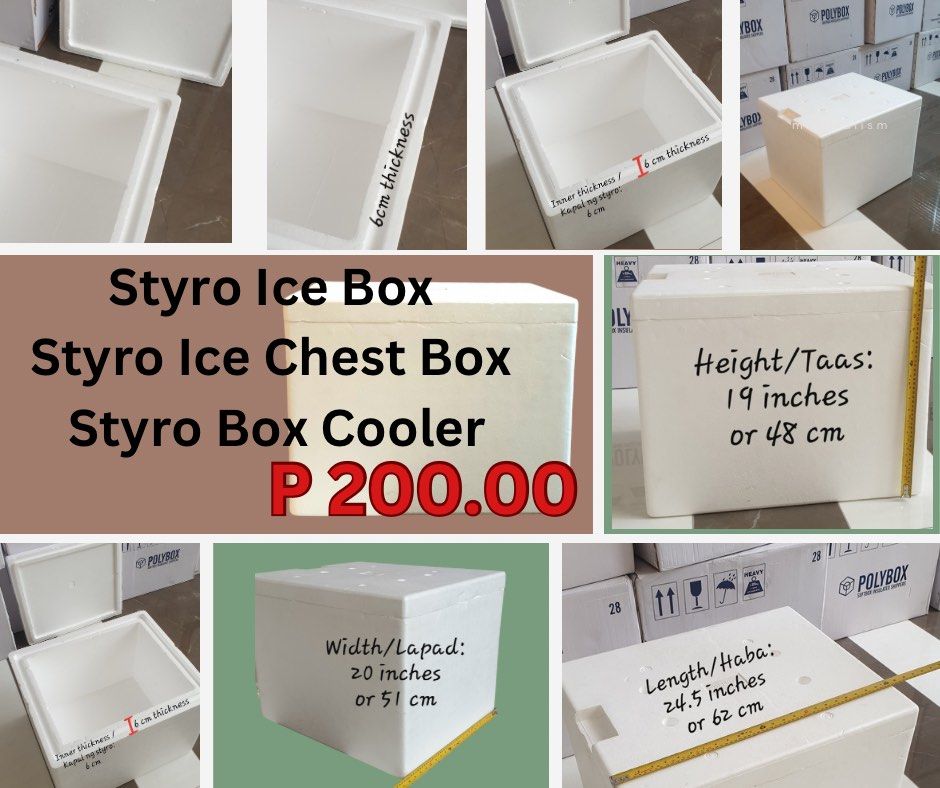 Styro Box / Styro Ice Box / Styro Ice Chest Box / Styro Box Cooler (Category: Storage Boxes & Baskets) located in Quezon City. Submitted by gwencloset (Listing ID 1234284159, Image 1). Description: Very good quality. Used once. Very thick, 6 cm in thickness. Only one size available. Bulk orders with a discount. Item Description: Length/Haba: 24.5 inches or 62 cm Width/Lapad: 20 inches or 51 cm Height/Taas: 19 inches or 48 cm Thickness/Kapal: 6 cm