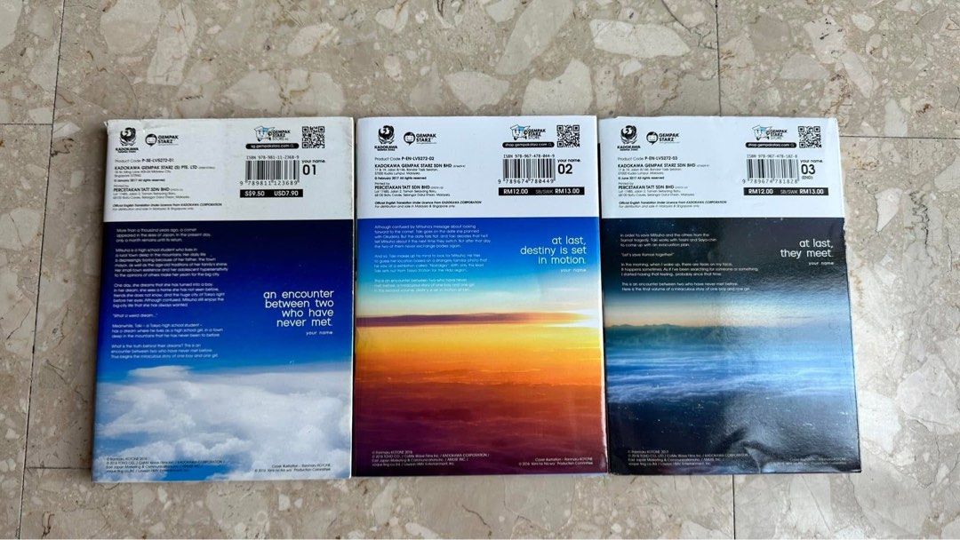 Your Name Complete Manga (Gempak Starz Comics) (Category: Comics & Manga) located in Caloocan City. Submitted by admirals0405store (Listing ID 1342018133, Image 2). Description: Your Name Complete Manga (Gempak Starz Comics) Price: 1,050php (Sold as a Set Only) Volumes: 1-3 Complete Publisher: Gempak Starz Comics (Official license of Kadokawa) Please Read before messaging: On-hand Item, We do accept installment payments (payable at least 3-4 mont