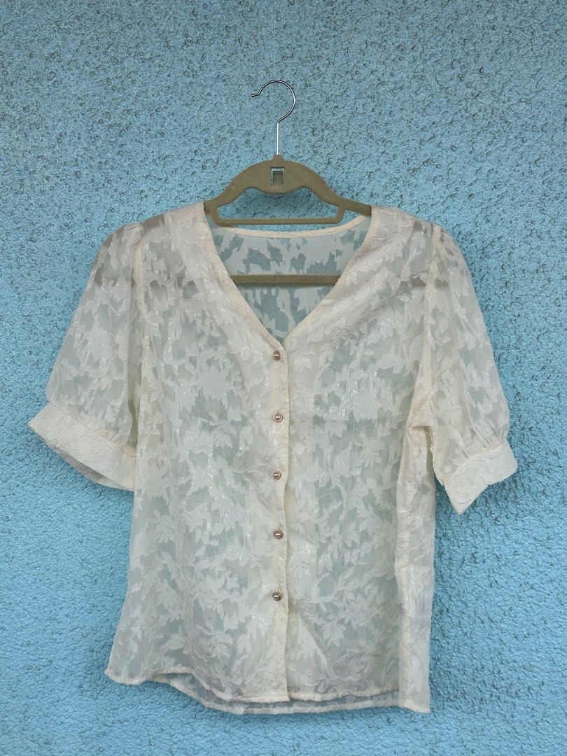 Cream Textured See Through Button Down Blouse (Category: Blouses) located in Las Pinas. Submitted by prelovedbyaix (Listing ID 1342222914, Image 1). Description: chest: 40 in length: 23 in armhole: 12.5 in sleeve length: 11.5 in Pearl buttons.
