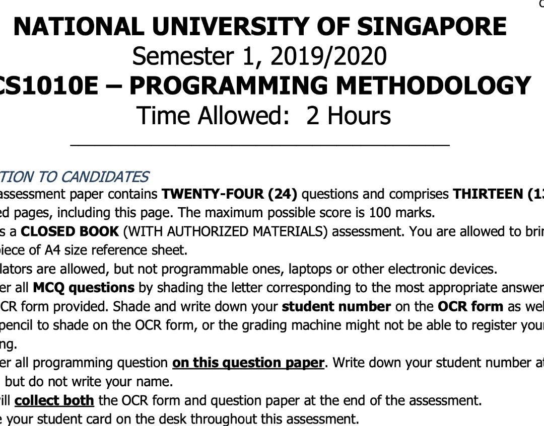 NUS notes for CS1010E: Programming methodology (Python) (Category: Textbooks) located in Singapore. Submitted by killua1170 (Listing ID 1342158211, Image 2). Description: Includes codes for all 3 assignments, past years PEs, PE for my year, self created notes, past year finals papers and answers, and codes for diagrams (heart, flower, MDA) Taken in AY23/24 Sem 2 Grade: A+.