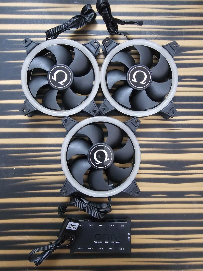 Omega Nova 2 120mm 3in1 Chassis Fan (Category: Other Accessories) located in Mandaluyong City. Submitted by coffeebara (Listing ID 1342272856, Image 2). Description: RFS: Upgraded case fans - Used as exhaust fans - With RGB control hub - No box or receipt included.