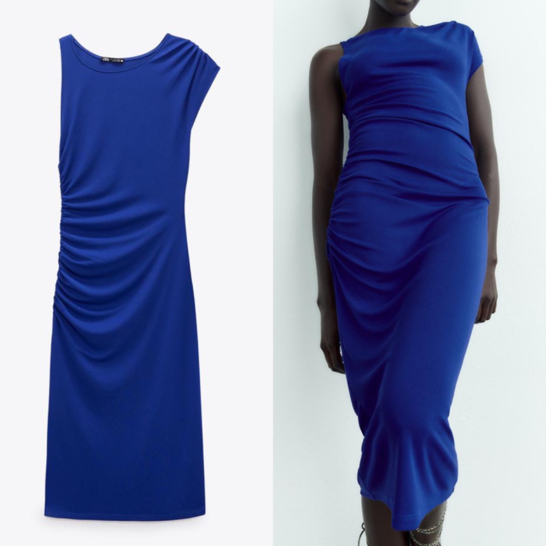 Zara Blue Dress with Draped Detail Maxi Midi Dress, Women's Fashion ...