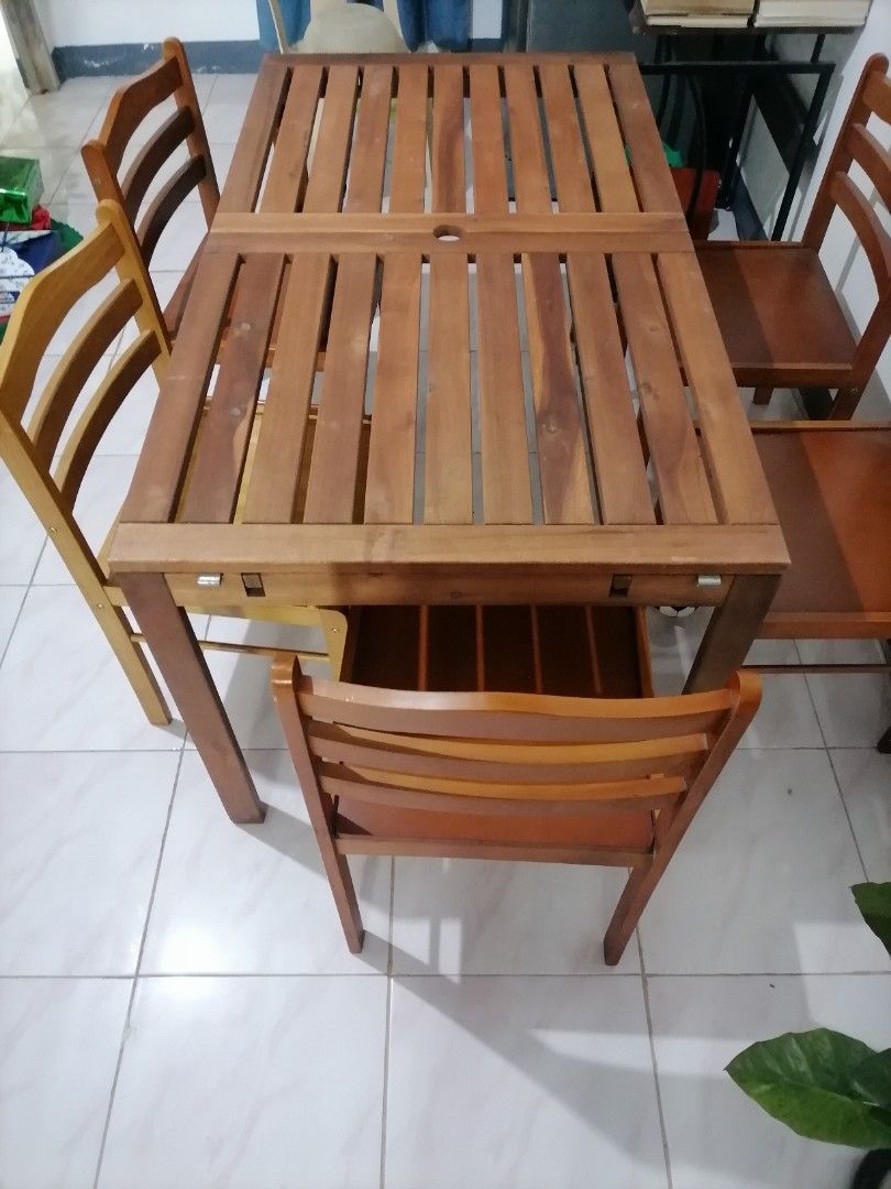 Dining table set (Category: Tables & Sets) located in Quezon City. Submitted by kc_luxxeshop (Listing ID 1342371962, Image 3). Description: IKEA ung table.. And adjustable sya.. Pwede sya pa lakihan.. 141 cm length 79 width 72 height.