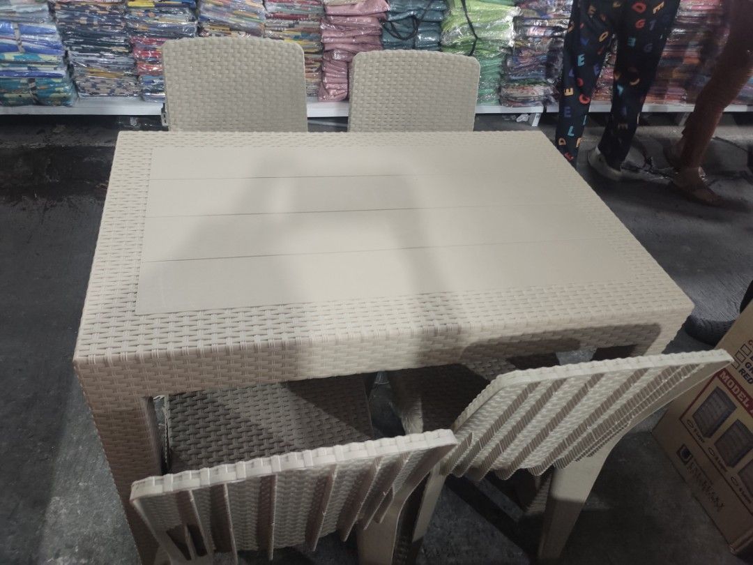 Rattan table and chair (Category: Chairs) located in Quezon City. Submitted by shie_123 (Listing ID 1342388432, Image 2). Description: RATTAN TABLE AND CHAIR BIG DISCOUNT FOR WHOLESALE ‼️ 2399.00 4 seater SET 3299.00 6 seater SET 350/pc chair 1199.00 4 seater table 1399.00 6 seater table QUALITY ✅✅✅ BRANDNEW ✅✅✅.