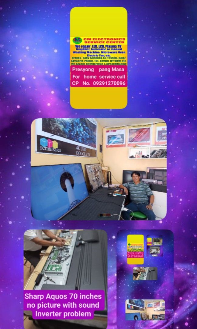 Repair :LED LCD PLASMA TV we replace screen panel for Samsung & LG 55 inches 15k,50 inches 12k (Category: TV) located in Manila. Submitted by olxph_443670096 (Listing ID 1342458676, Image 1). Description: we repair: LED LCD PLASMA TV BRAND:LG,SONY,SAMSUNG ,TOSHIBA,SHARP,PANASONIC,SKYWORTH,TCL,SANYO,HISENSE,DEVANT,PHILIPS,PENSONIC, ETC..