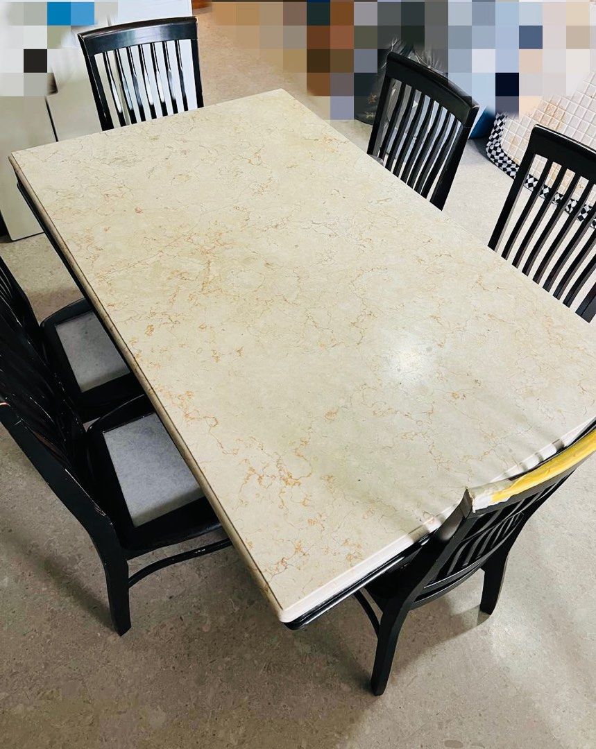 Dining Table (Category: Tables & Sets) located in Singapore. Submitted by .vanz. (Listing ID 1342521213, Image 1). Description: Marble Table dimension L160 x w80 Chipped corner on some of the chairs Bought at $3000+ Please arrange courier for pickup . Thank you.