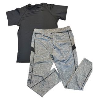 ONLINE Black gray padded short sleeved rashguard diving swimming long pants swimsuit