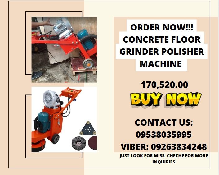 ORDER NOW!!! CONCRETE FLOOR GRINDER POLISHER MACHINE (Category: Construction Tools & Equipment) located in Caloocan City. Submitted by 09051674995 (Listing ID 1342520915, Image 1). Description: 🔵 Weight: 130 KGS 286 LBS 🔵 Voltage: 220V, Single Phase 🔵 Power: 3 KW 4 HP 🔵 Levelling Depth: 1-3 mm 0.25-0.76 in 🔵 Cleaning Path: 380 mm 96.4 in 🔵 Dust Collection Power: 0.75 KW 1 HP 🔵 Dust Collection Capacity: 17 L 3.74 Gal 🔵 Dust Collection Powe