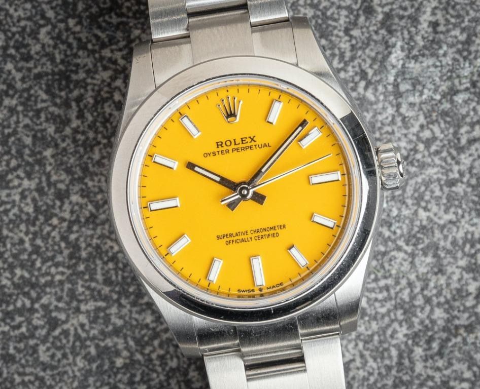 *Rare**Lowest* Rolex OP31 Yellow 277200 (Nov 2020) (Category: Watches) located in Singapore. Submitted by timecapsule.456 (Listing ID 1342657593, Image 1). Description: This piece is really something special. Today we have a mint example of a yellow Oyster Perpetual 31mm. This dial colour has been discontinued across every size, and this was because the yellow lacquered dial was very difficult to finish. As such, Rolex only produced for ~1.5 year