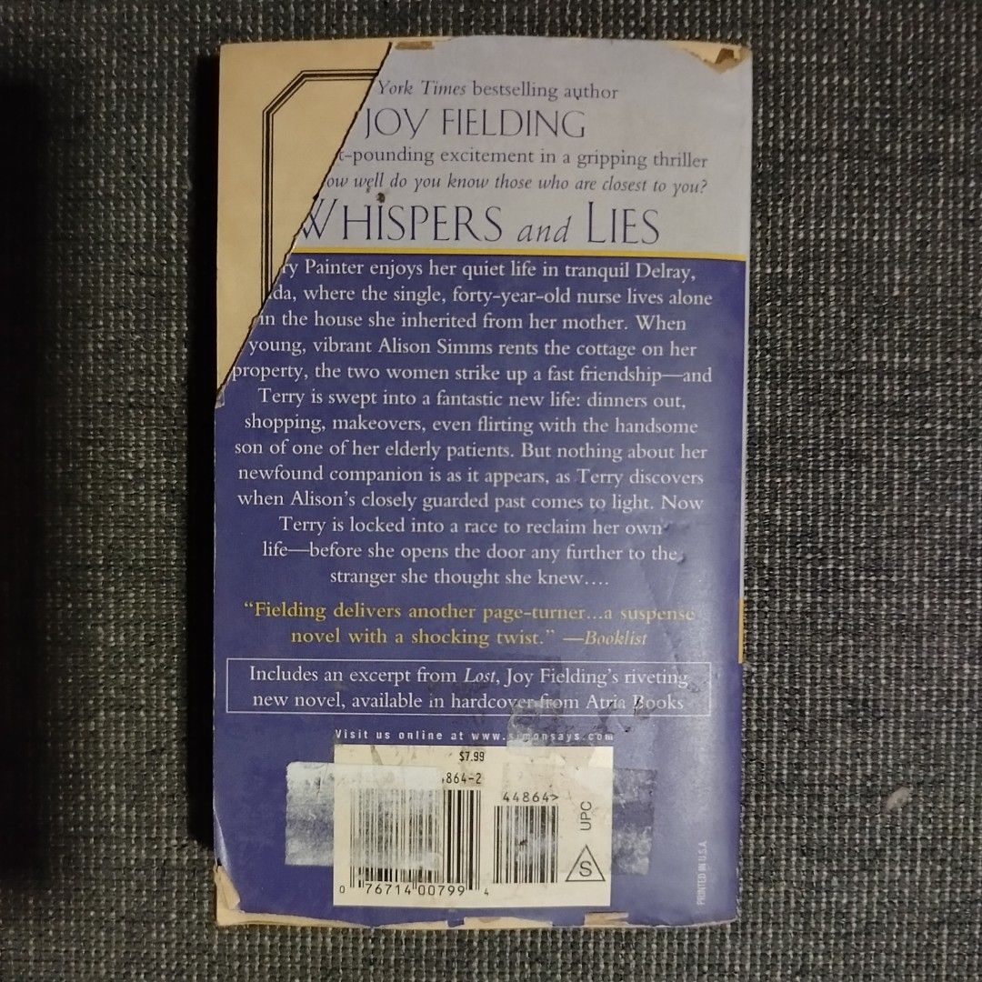Whispers and Lies by Joy Fielding (Category: Storybooks) located in Manila. Submitted by ciabattaaa (Listing ID 1342519845, Image 2). Description: complete pages. the only issue is yung nasa second pic sa may top left corner ng cover ng book. natupi siya ng matagal and katagalan mukhang natanggal. other than that. wala na. rfs: need funds!!.