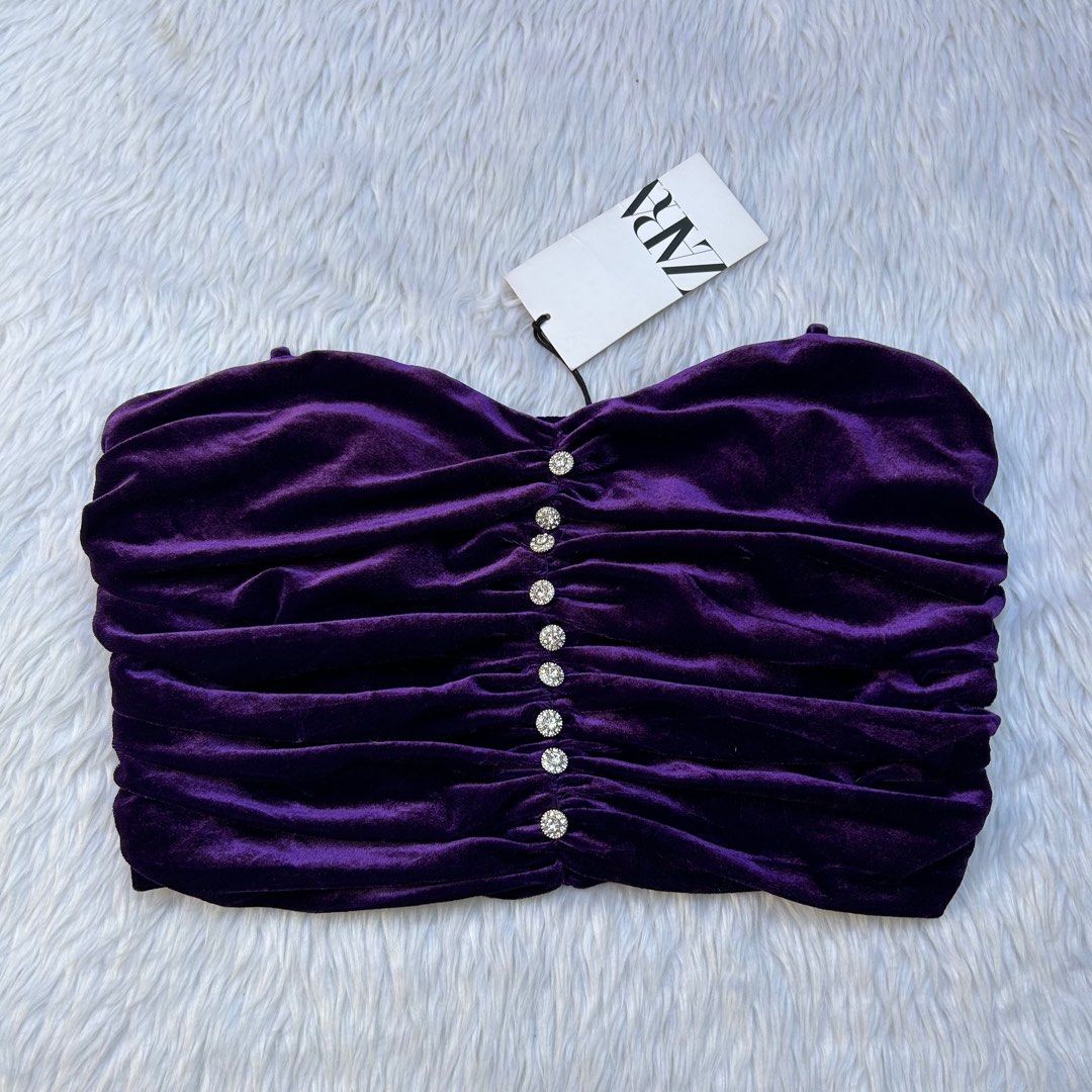 Zara Velvet Ruched Top (Category: Others Tops) located in Imus. Submitted by _luxclassix (Listing ID 1342586682, Image 2). Description: BNWT - Brand new with tag Size: Medium Extra button Provision for strap MOP: BPI & Gcash Shipping via J&T Express starts at 54 Lalamove - dame day delivery.