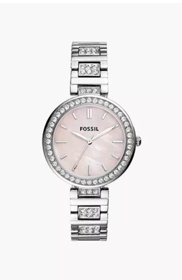 Fossil Karli Three Hand Stainless Steel 34mm (Category: Women's Watches) located in Quezon City. Submitted by triciaodejar (Listing ID 1339374900, Image 1). Description: Brand-new with tag and metal box Sku: BQ3182 Case Size: 34 mm Movement: Quartz Three-Hand Platform: Karli Strap Material: Stainless Steel Strap Colour: Silver Case Water Resistance: 5 ATM Case Material: Stainless Steel Case Colour: Silver Dial Colour: Pink Mother-Of-Pearl Strap F