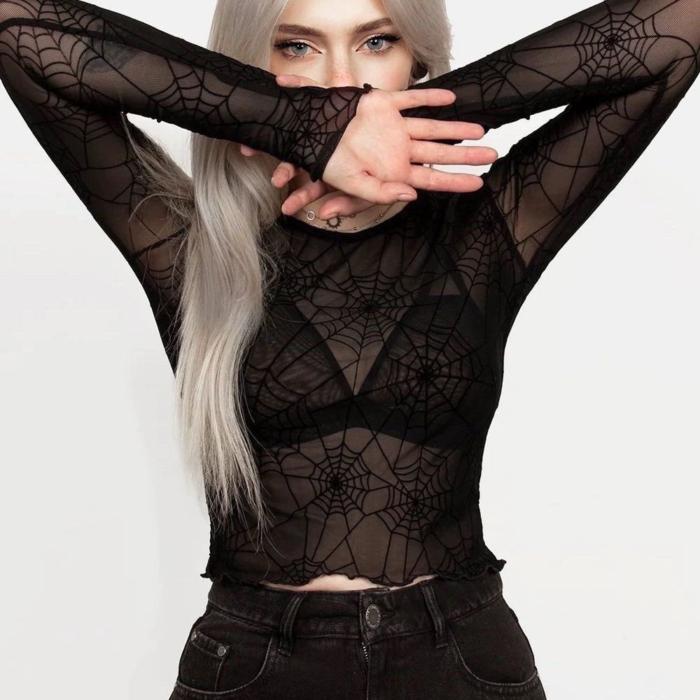 Gothic stretchy grunge spiders net mesh crop longsleeves (Category: Longsleeves) located in Makati City. Submitted by nerv0us (Listing ID 1339470557, Image 1). Description: Size : F (stretchable, can fit up to 60kg) P2 for self taking pic, p3-4 for when worn, the belt chains wearing available to buy too, just check my list.