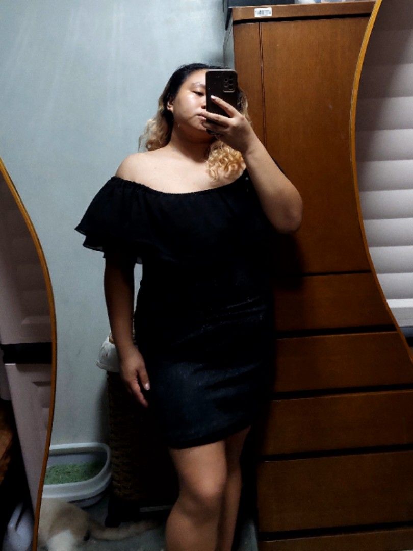 Plus Size Glittery Black Off-Shoulder Dress (Category: Dresses) located in Mandaluyong City. Submitted by polaming (Listing ID 1339496763, Image 1). Description: Bought at Php 1699 in SM Department Store XL on Tag (Fits me perfectly, 2XL) Stretchable Can be also worn as a tube dress..