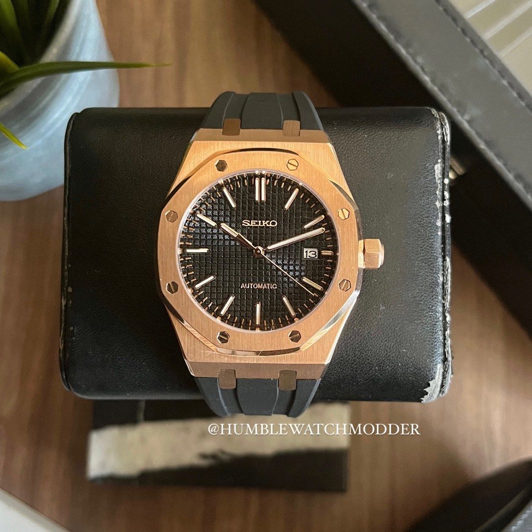Seiko Royal Oak Mod (Rose gold/Black dial), Men's Fashion, Watches