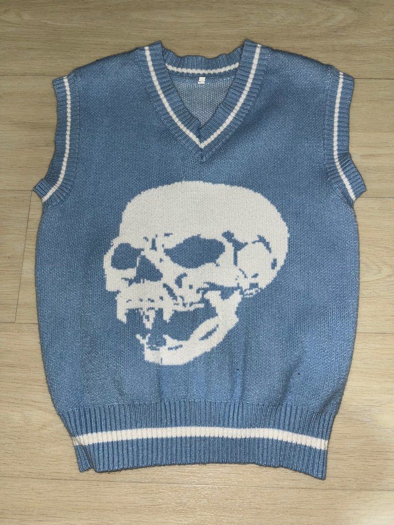 y2k baby blue skull sweater vest Women s Fashion Tops Sleeveless on Carousell