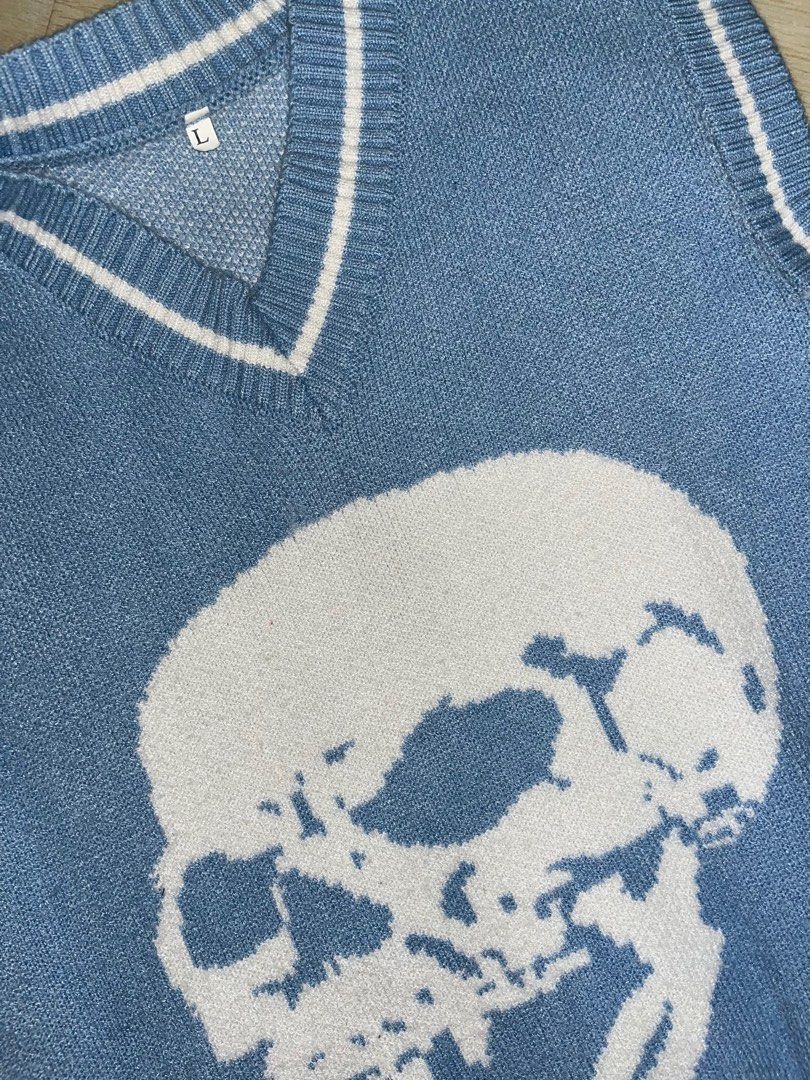 y2k baby blue skull sweater vest Women s Fashion Tops Sleeveless on Carousell