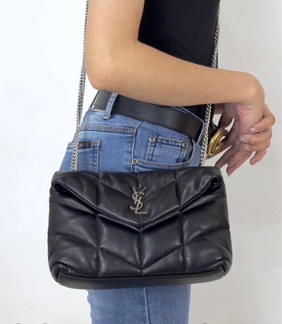 Ysl Loulou Puffer (Category: Luxury Bags & Wallets) located in Manila. Submitted by luxuryprelovedbagsby_by_agnes (Listing ID 1339427467, Image 2). Description: THE ICONIC LOULOU PUFFER IN A MINI VERSION. MADE OF SOFT NAPPA LAMBSKIN WITH CHEVRON QUILTING, IT FEATURES A SLIDING CHAIN FOR WEARING IT ON THE SHOULDER OR CROSSBODY. GROSGRAIN LINING LIGHT BRONZE BRASS HARDWARE MAGNETIC SNAP TAB INTERIOR ZIPPED POCKET TWO CARD SLOTS DIMENSIONS: 23 X 15.