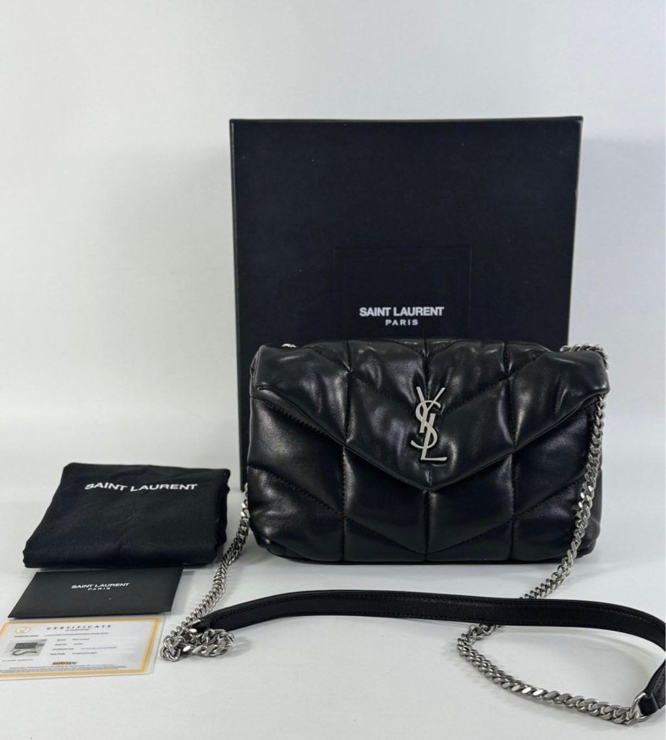 Ysl Loulou Puffer (Category: Luxury Bags & Wallets) located in Manila. Submitted by luxuryprelovedbagsby_by_agnes (Listing ID 1339427467, Image 1). Description: THE ICONIC LOULOU PUFFER IN A MINI VERSION. MADE OF SOFT NAPPA LAMBSKIN WITH CHEVRON QUILTING, IT FEATURES A SLIDING CHAIN FOR WEARING IT ON THE SHOULDER OR CROSSBODY. GROSGRAIN LINING LIGHT BRONZE BRASS HARDWARE MAGNETIC SNAP TAB INTERIOR ZIPPED POCKET TWO CARD SLOTS DIMENSIONS: 23 X 15.