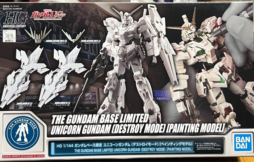 Bandai HG 1/144 The Gundam Base Limited Unicorn Gundam Destroy Mode [Painting Model] (Category: Gundam Model Kits) located in Singapore. Submitted by decaplino (Listing ID 1342792492, Image 1). Description: BNIB Not for fussy buyers & box collectors Fixed Price Many Thanks for viewing 😁😁😁.