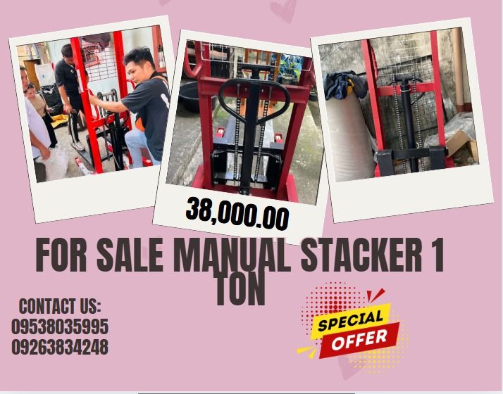 FOR SALE MANUAL STACKER 1 TON (Category: Construction Tools & Equipment) located in Caloocan City. Submitted by javierchec55656 (Listing ID 1342702484, Image 1). Description: Load Capacity: 1000kg Max. Lifting Height: 1600mm Lowest Fork Height: 100mm Fork Adjustable Width: 200-580mm Leg Inner Width: 580mm Leg Overall Width: 730mm Fork Length: 900mm Leg Ground Clearance: 90mm Fork Ground Clearance: 60mm Lifting Speed: 20mm/s Descent Speed: Adjusta