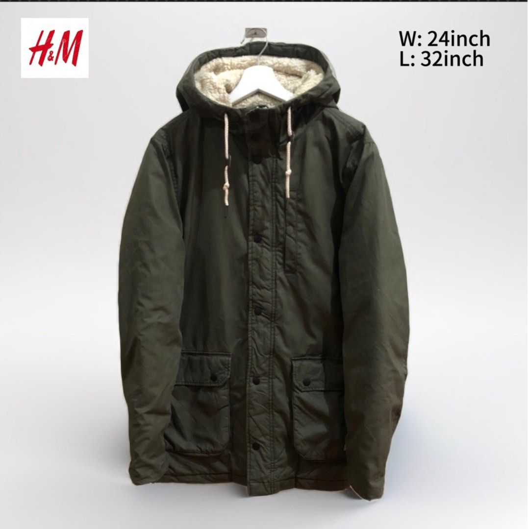 H M Green Semi Coat Parka w Hood Jacket Men s Fashion Coats Jackets and Outerwear on Carousell