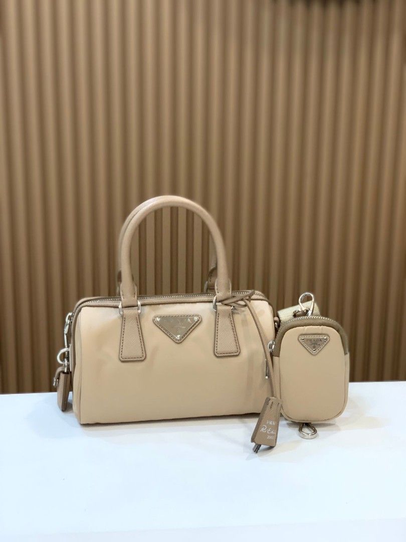 NEW Prada speedy bauletto tessuto+ saffiano 1BB846 Nylon bag beige  Size 20 x 14 x 10 cm, with Db, strap, clochette, pouch, key, card, booklet, 