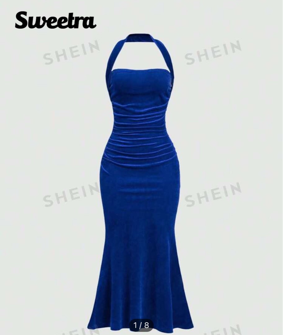 Unique Blue Halter Memaid Party Evening Gown cc1916