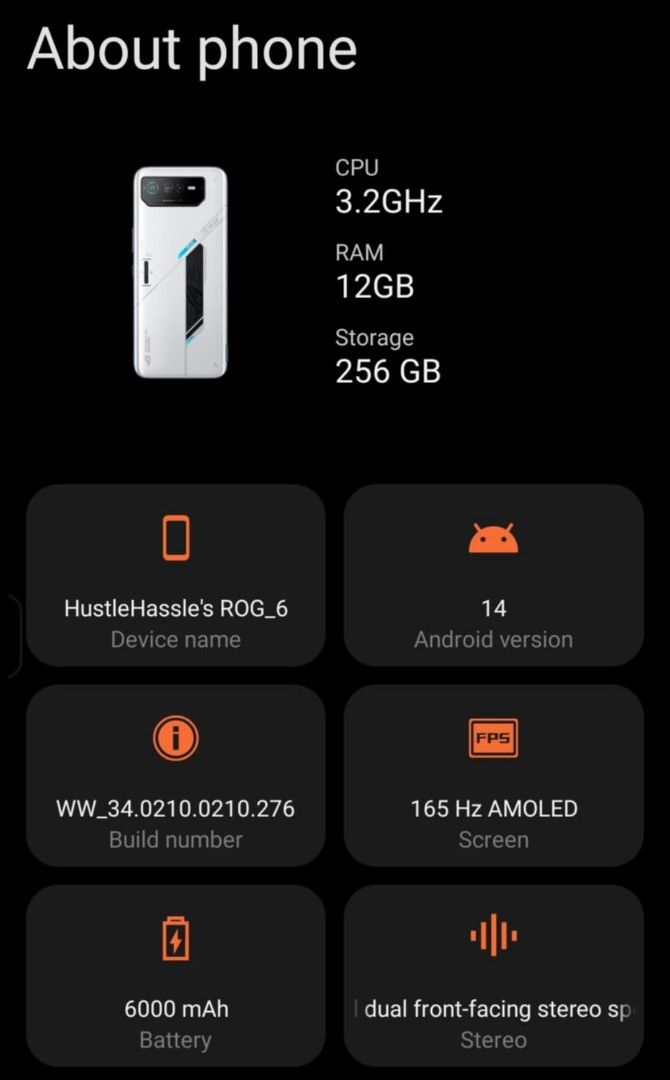 ASUS ROG 6 256GB (Category: Asus) located in Pasig City. Submitted by luvmauve (Listing ID 1342895883, Image 2). Description: 5 months old Meet-Up/LBC Shipping + SF Check all you want No dents/scratches.