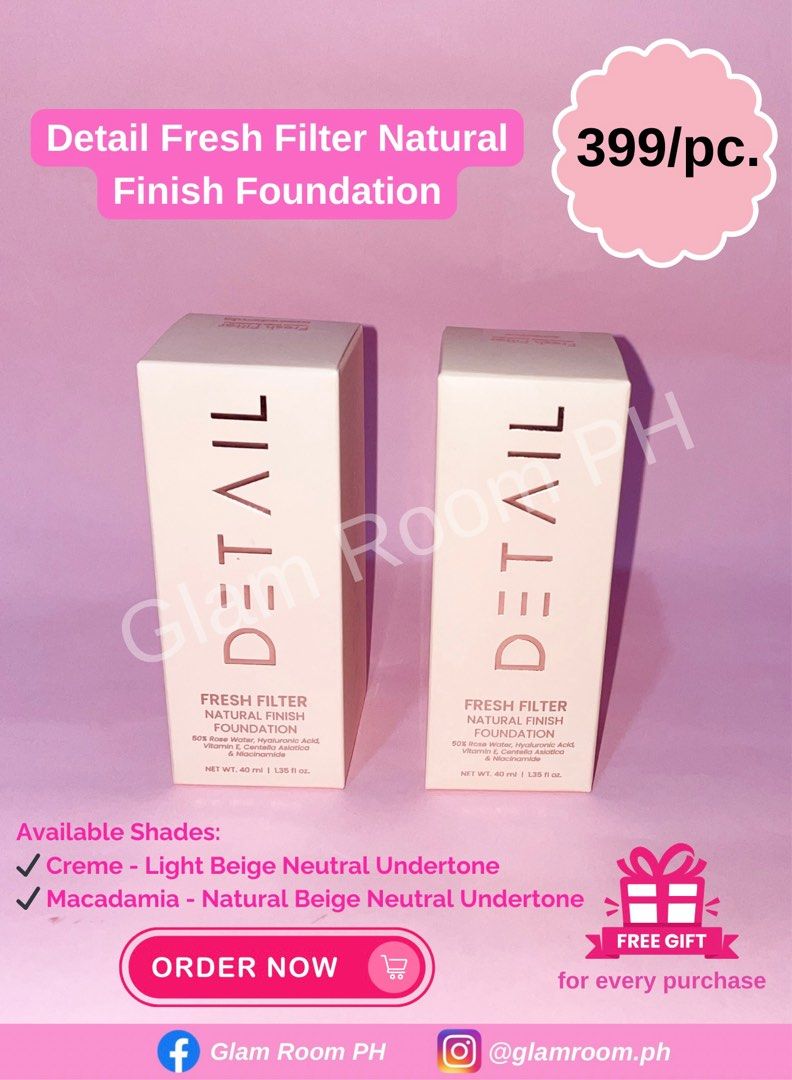 Detail Fresh Filter Natural Finish Foundation (Category: Makeup) located in Manila. Submitted by princessrina23 (Listing ID 1342976301, Image 1). Description: The Detail Fresh Filter Foundation is a natural finish foundation that promises light to medium coverage. Its star ingredients include 50% pure rose water from Rosa Rugosa prized for its soothing and calming properties making it ideal for sensitive skin. Plus, it also has Hyaluronic Acid, V