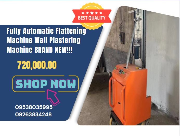 FULLY AUTOMATIC FLATTENING MACHINE WALL PLASTERING MACHINE BRAND NEW!!! (Category: Construction Tools & Equipment) located in Caloocan City. Submitted by brianajavi96004 (Listing ID 1342862330, Image 1). Description: Power Supply: Lithium Battery Battery Capacity: 32AH Scraping Width: 1300MM Scraping Height: 3M Robot Arm Size: 242*120*1800MM Host Size: 700*550*1050MM Machine Size: 850*550*1850MM Weight: 200KG Voltages: 220V.