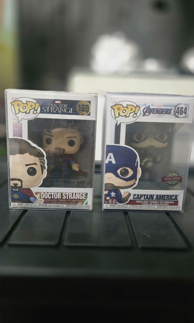 Funko Pop! dr.strange and Capt. America Set (Category: Designer & Blind Box Toys) located in Quezon City. Submitted by allthingsgoode_men (Listing ID 1343010244, Image 1). Description: Selling as a set for ₱1000. Capt. America stickered special edition + Dr.Strange.