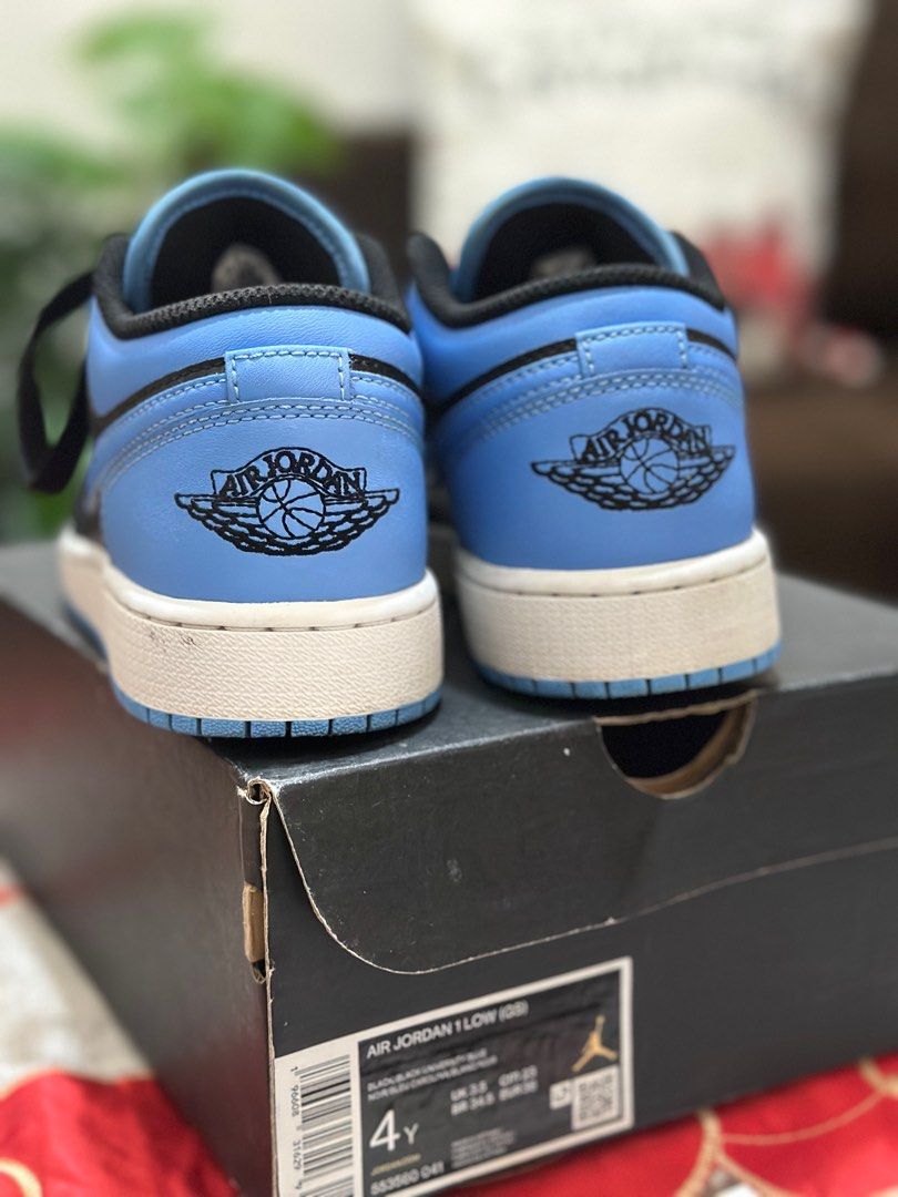 Jordan 1 Low University Blue 4Y (Category: Babies & Kids Fashion) located in Guiguinto. Submitted by bagify.ph (Listing ID 1342880427, Image 2). Description: 23CM For kids (9-11Y) Or for women.
