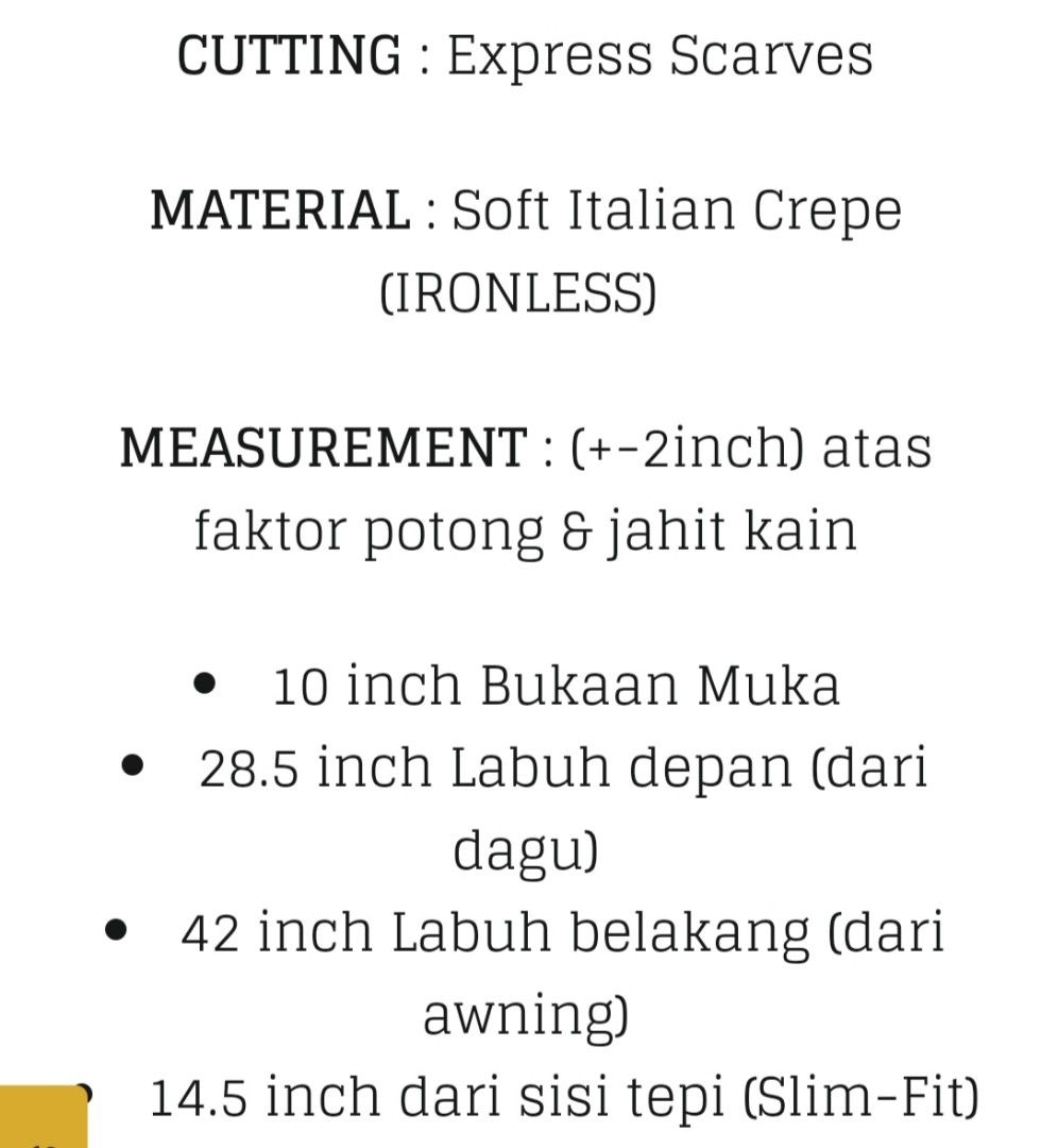 Khimar (Category: Hijabs) located in Singapore. Submitted by preloving_ddh (Listing ID 1342865221, Image 3). Description: Measurement details in pic. Colors available as per pic.