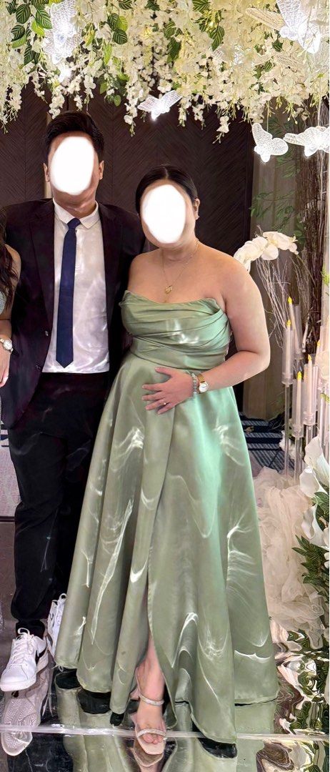 Sage Green Satin Formal Gown (Category: Evening dresses & gowns) located in Quezon City. Submitted by zee_declutters (Listing ID 1342898892, Image 2). Description: Only worn once in a wedding..