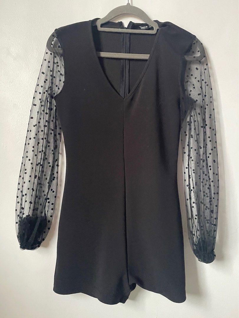 shein black polka dots mesh long sleeve romper (Category: Rompers) located in Tacloban City. Submitted by declutterpatter (Listing ID 1342946013, Image 1). Description: ▪️SIZE : xs ▪️MOP: Gcash and Gotyme ▪️MOD : J&T ▫️Shipping fee: luzon: 100 ncr: 100 visayas: 85 mindanao: 105.