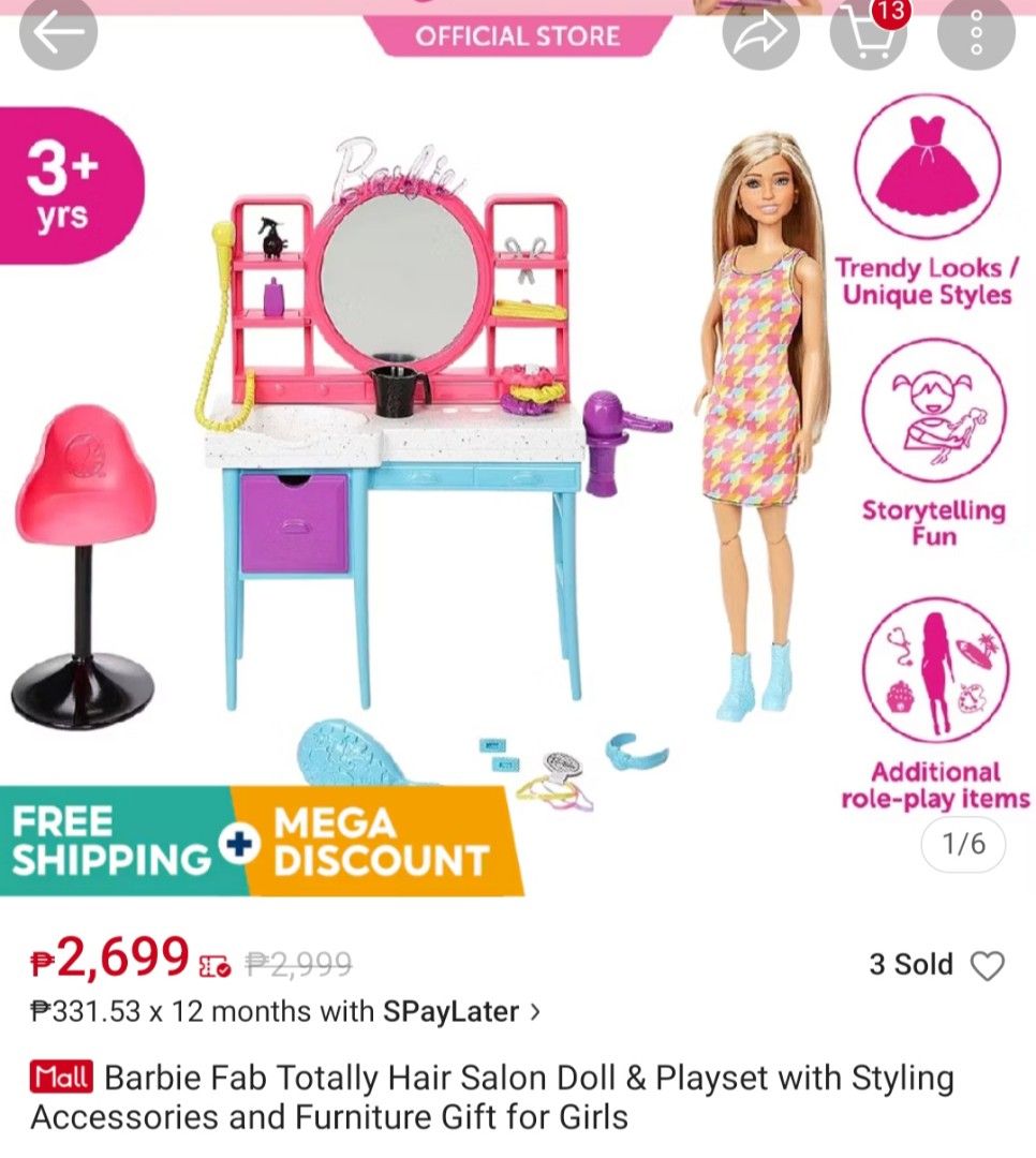 Authentic Barbie Fab totally hair salon (Category: Kids Toys) located in Marikina City. Submitted by brigitte_29 (Listing ID 1343064485, Image 2). Description: On-hand Original Barbie Fab totally hair salon includes 1 barbie doll and 15 accessories.