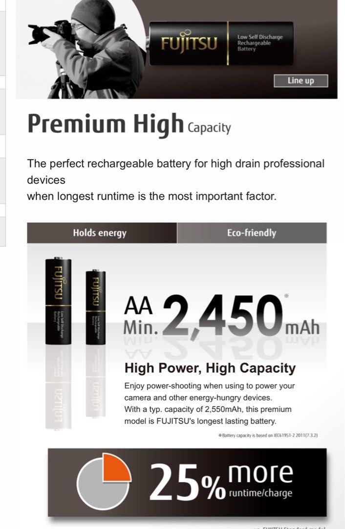 Fujitsu Premium High 2550mAh Capacity AA Rechargable Battery for 1 Pack (Made in Japan)62864721254275112