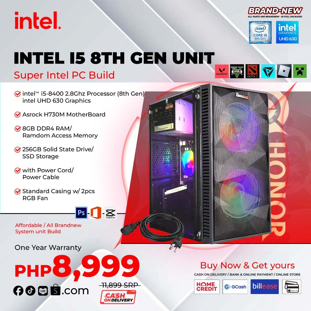 INTEL I5 8TH GEN (Category: Desktops) located in Quezon City. Submitted by mariedesil12290 (Listing ID 1343045868, Image 2). Description: BRANDNEW GAMING COMPUTER SET/SYSTEM UNIT/ BUNDLE/ SINGLE PISONET/ TWINPISONET/ TABLETOP PISONET READY TO USE AMD INTEL I5 8TH 8400 GEN 8GB DDR4 MEMORY 256GB SSD STORAGE STANDARD CASE 19"WIDE LED MONITOR WITH FREEBIES 𝐅𝐔𝐋𝐋 𝐒𝐏𝐄𝐂𝐈𝐅𝐈𝐂𝐀𝐓𝐈𝐎𝐍𝐒 : ▶ Processor : INTEL I5 8TH GEN ▶ Motherboard : ASROCK H