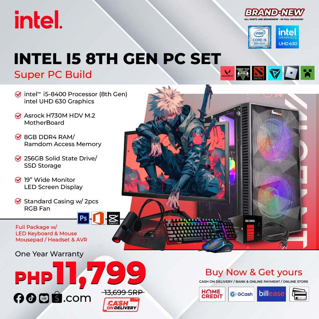 INTEL I5 8TH GEN (Category: Desktops) located in Quezon City. Submitted by mariedesil12290 (Listing ID 1343045868, Image 3). Description: BRANDNEW GAMING COMPUTER SET/SYSTEM UNIT/ BUNDLE/ SINGLE PISONET/ TWINPISONET/ TABLETOP PISONET READY TO USE AMD INTEL I5 8TH 8400 GEN 8GB DDR4 MEMORY 256GB SSD STORAGE STANDARD CASE 19"WIDE LED MONITOR WITH FREEBIES 𝐅𝐔𝐋𝐋 𝐒𝐏𝐄𝐂𝐈𝐅𝐈𝐂𝐀𝐓𝐈𝐎𝐍𝐒 : ▶ Processor : INTEL I5 8TH GEN ▶ Motherboard : ASROCK H