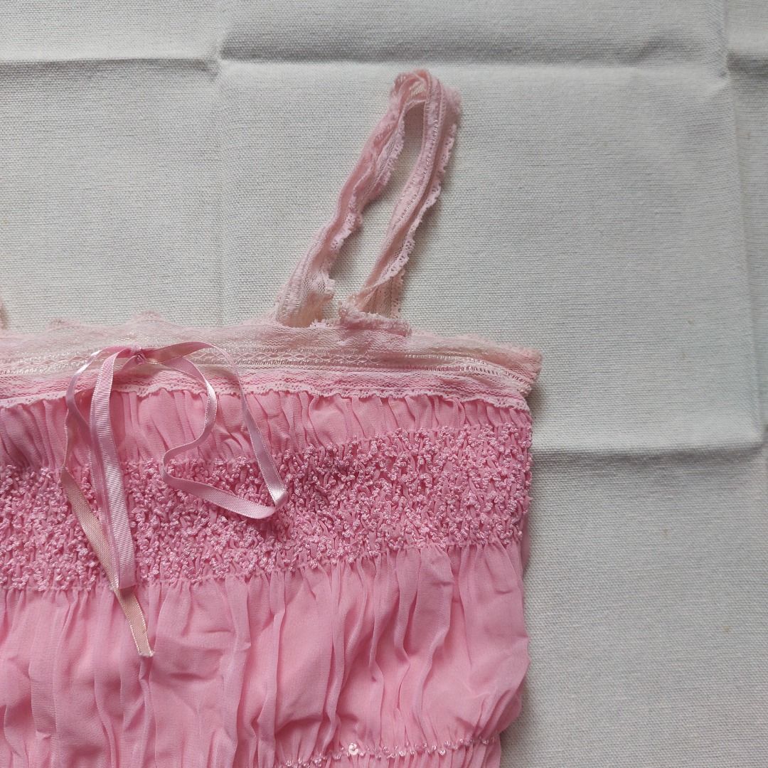 Y2k Pink Garterized Top with Sequins, Lace, & Ribbon Details, Women's ...