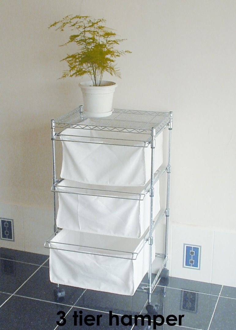 3 Tier Hamper Wire Organizer (Category: Laundry Baskets) located in Quezon City. Submitted by jem__8 (Listing ID 1343248895, Image 1). Description: 3 Tier Hamper Dimensions: 350mm x 450mm x 800mm Chrome finish Easy assembly with no tools required Note: May have slight yellowish stains/discoloration from long-term storage. fb profile: Jermaine Tiffany Chua.