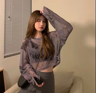 黑色網紗扎染暗花長袖上衣 see through 防曬衣 日系外搭外襯64245519749761110